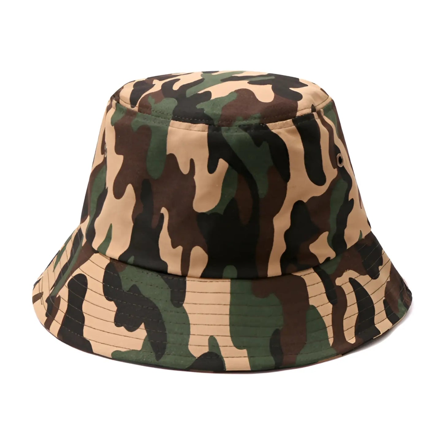 Canvas bucket hat with classic camouflage pattern in earthy greens browns and tan made from durable canvas material
