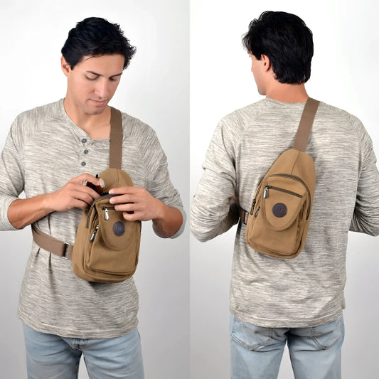 Tan canvas sling bag with brown strap and multiple zippered compartments for versatile crossbody use