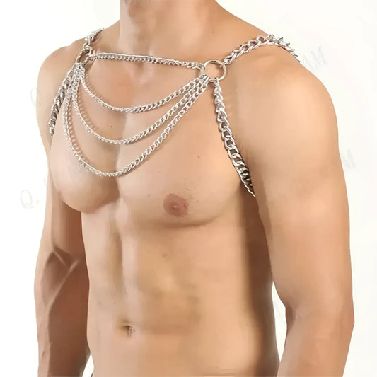 Silver-toned multi-layered chain harness with bold industrial design featuring an intricate body chain style