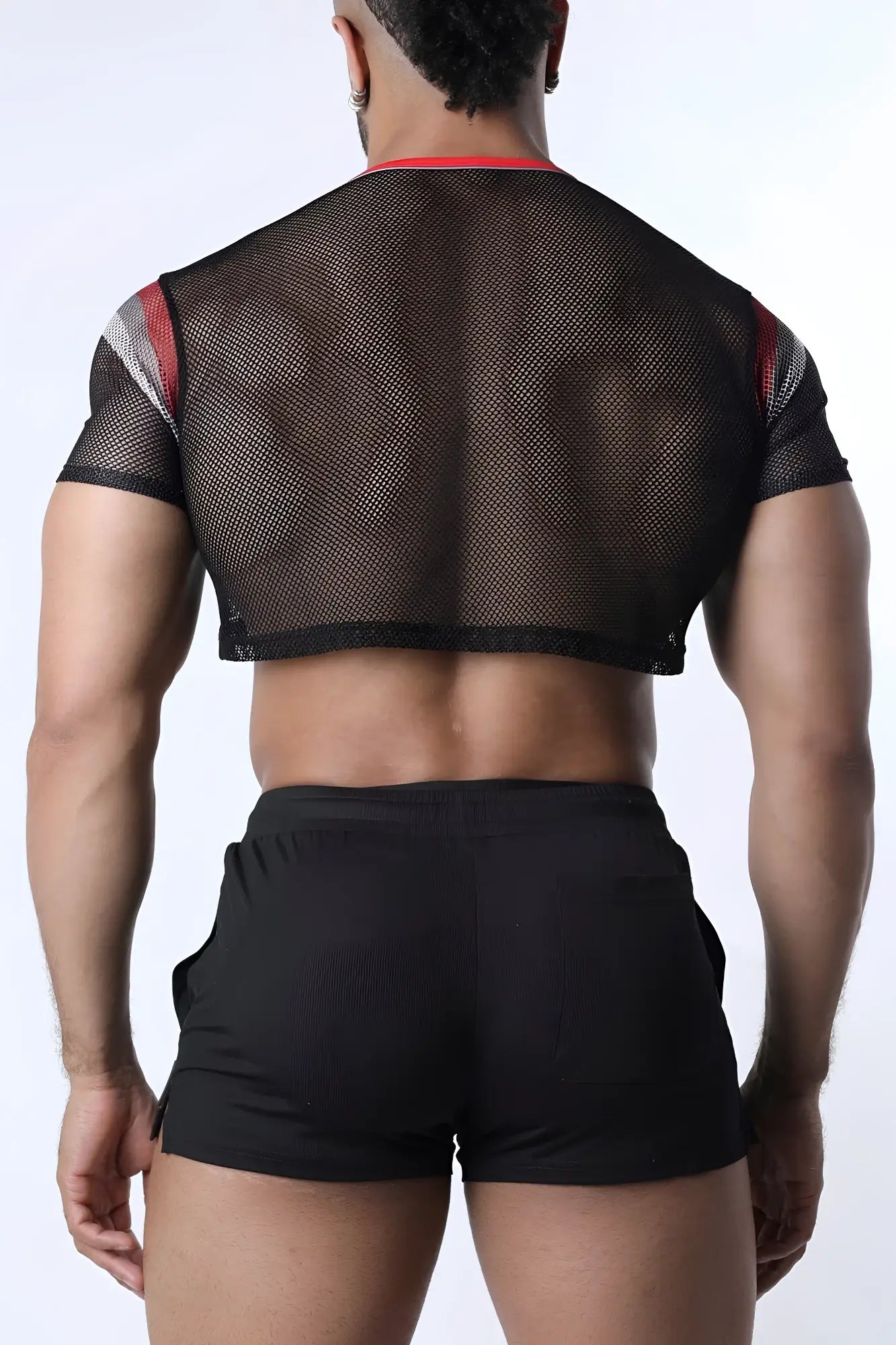 Chain reaction mesh crop top black mesh fabric with red and gray striped shoulder accents for a stylish look