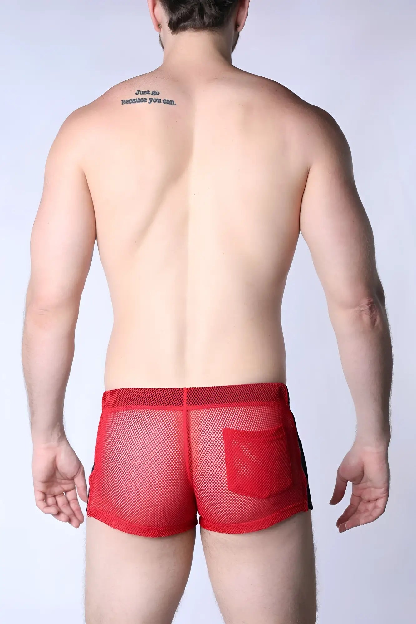 Chain reaction mesh short red mesh briefs with black side panel and front pocket for breathable comfort