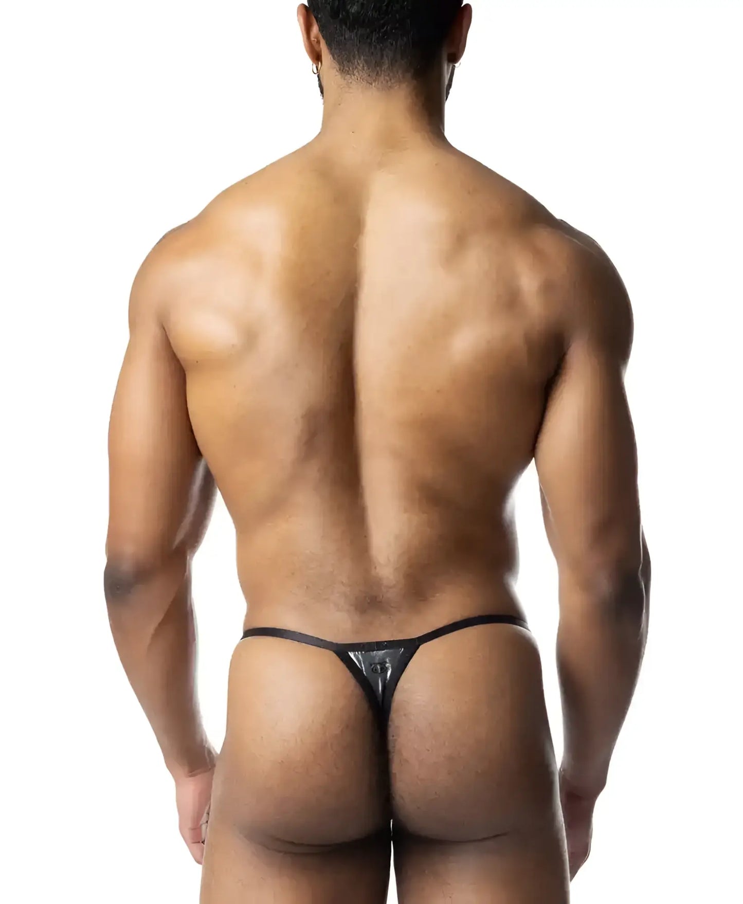 Black shiny metallic chromium thong with sleek minimalist design showing the back side of the product