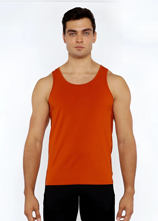 A solid orange sleeveless stretch jersey tank top with circle spine laser cut and a simple round neckline