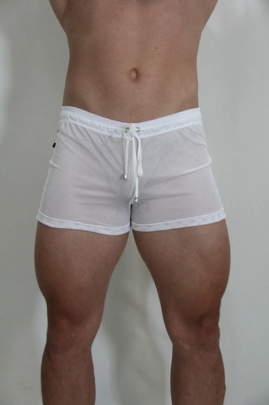 White mesh swim trunks with a drawstring waistband from the Circuit Mesh Short collection in four colors available