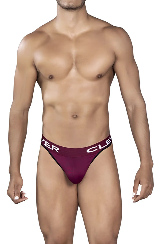 Maroon athletic briefs with white clever branding on the waistband in a grape color for active wear
