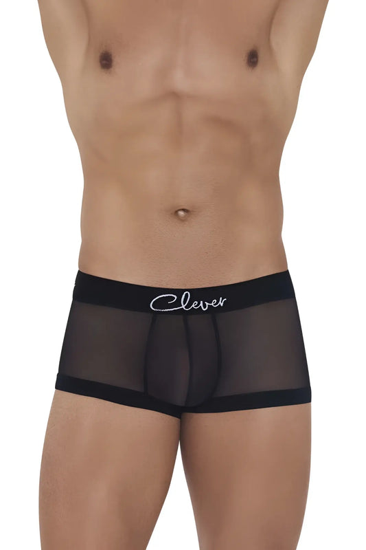 Black sheer boxer briefs with a solid black waistband and clever logo in white cursive from clever 1226 demon trunks