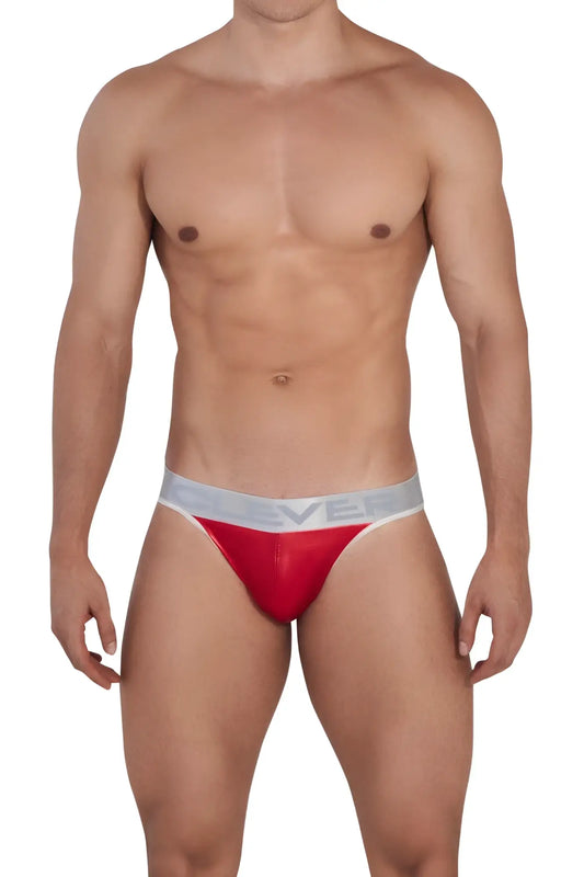 Clever 1410 earth thongs red men’s briefs with a sleek form-fitting design in red and silver colors