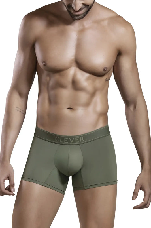 Olive green clever 1668 britannica trunks boxer briefs with subtle clever logo on waistband front view