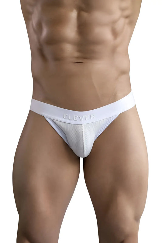 Beige clever 1734 colors jockstrap with white clevr brand briefs featuring ribbed fabric and smooth elastic waistband