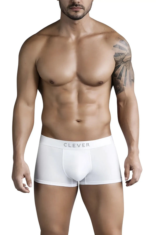 White men’s boxer briefs clever 1752 victor trunks with subtle clever logo waistband in white color