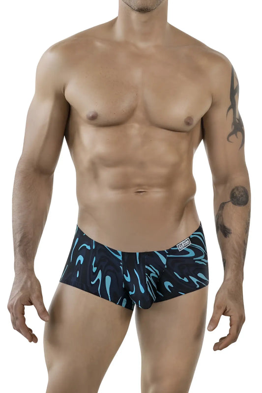 Men’s clever 1860 grosh trunks in dark blue with black and teal abstract wave-patterned briefs front view