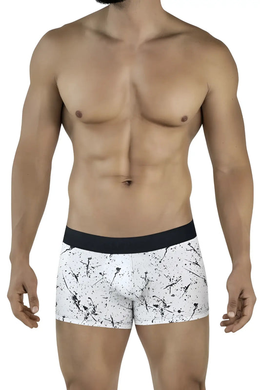 White boxer briefs with black splatter pattern and solid black waistband from clever 2050 brochazos trunks collection