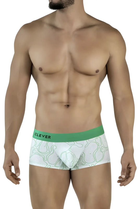 White boxer briefs with green waistband and light green maze pattern featuring clever brand name in black on band