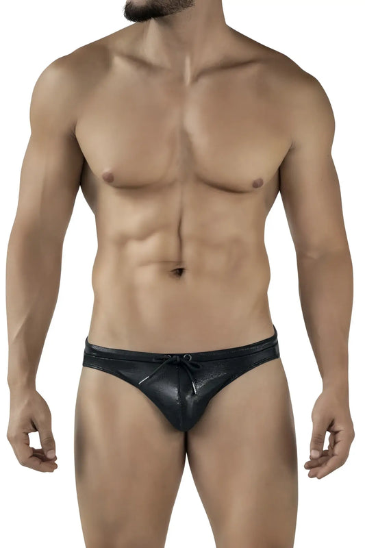 Black textured leather swim briefs with drawstring waistband clever 2065 gorgona style