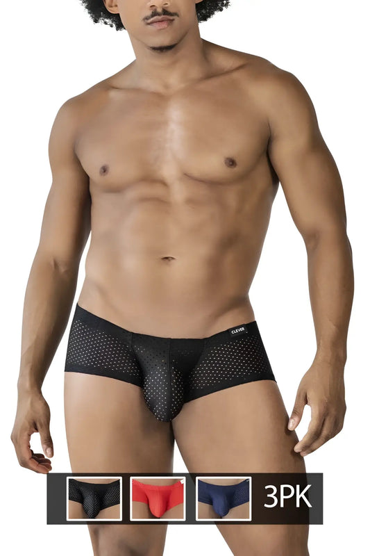 Black cleve mesh briefs with perforated design and branded waistband from clever 229947 3pk australian latin trunks