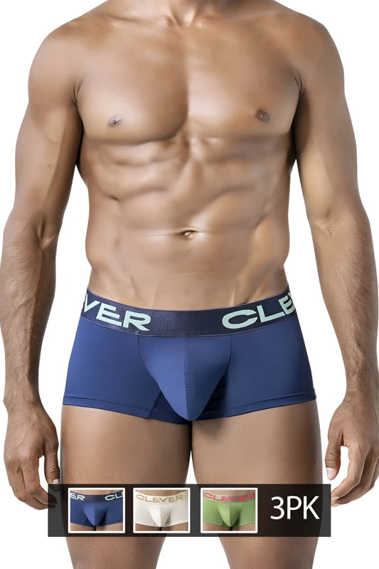 Navy blue clever boxer briefs with dark gray waistband in a 3pk australian latin trunks set beige blue green