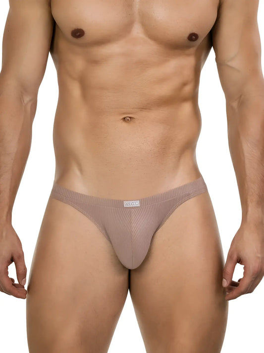 Beige ribbed cotton briefs with a small white brand tag at the waistband from clever 26018 apolo bikini sand