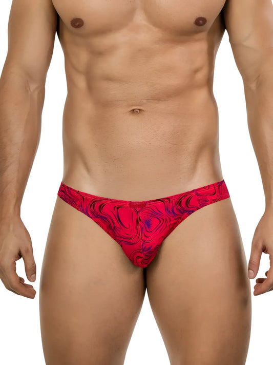 Red and purple swirling patterned briefs clever 26028 helion bikini in bold vibrant modern style