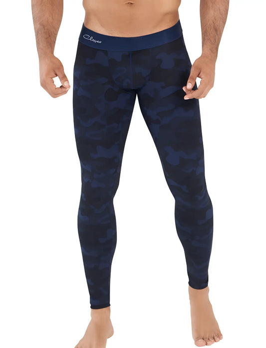 Navy blue camouflage compression leggings with cleaver branded waistband for athletic use size m