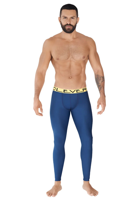 Blue athletic leggings with yellow waistband featuring clever lettering in size m ideal for sports and workouts