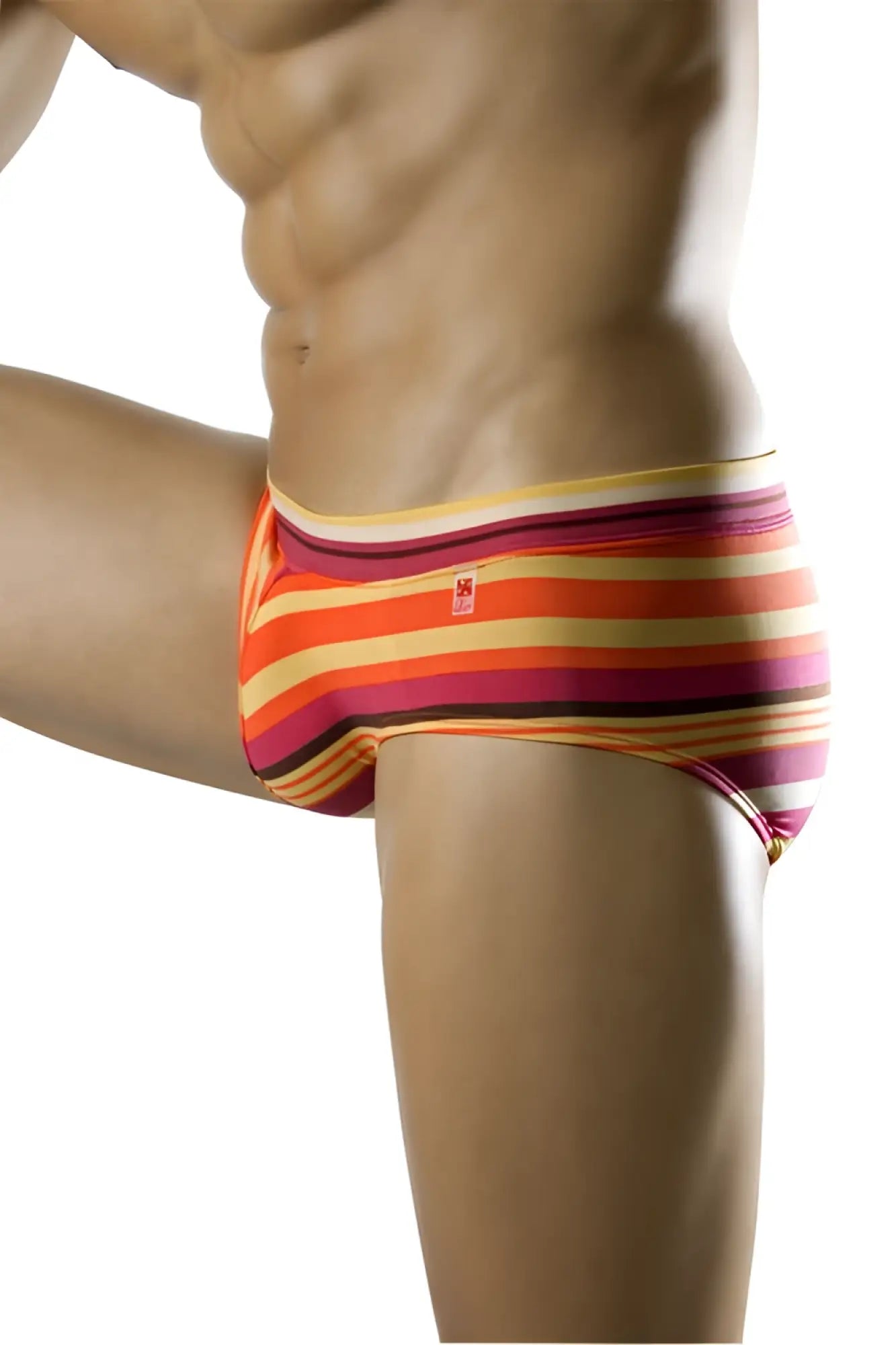 Clever swim brief tropical swimwear 0514 size s in vibrant orange pink and yellow striped snug fit men’s briefs