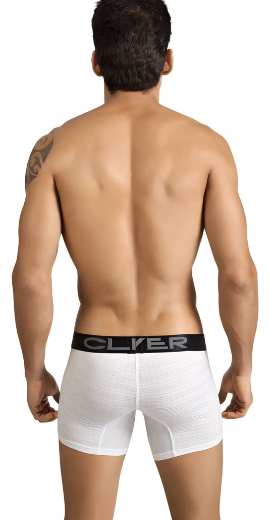 White textured Clever Victoria checker boxer briefs with black elastic waistband and gray clyer logo size s