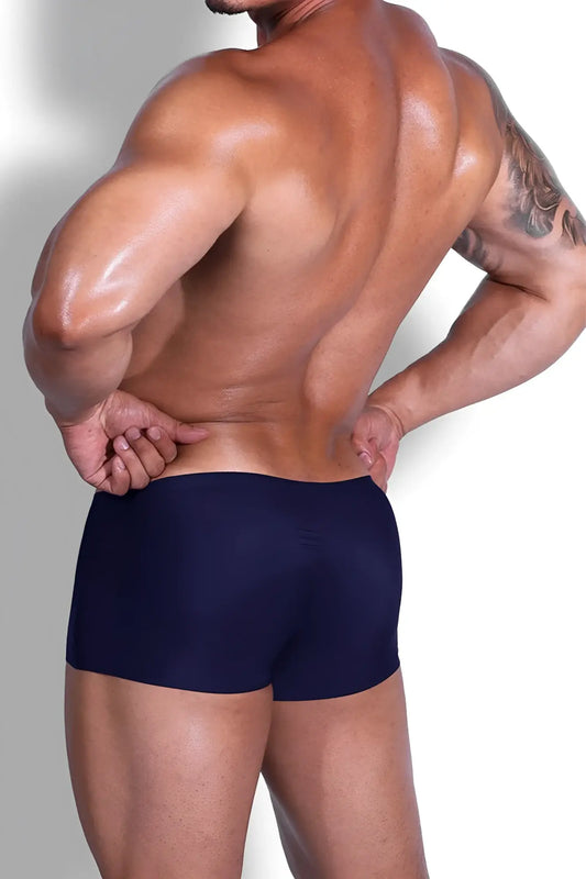 Navy blue silky seamless boxer briefs featuring a smooth indigo navy fabric for comfortable athletic wear