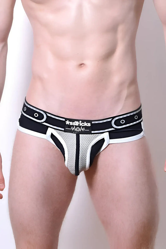 Black and white mesh comicaze brief with bold modern design and sssticks logo on the waistband
