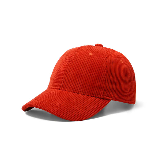 A vibrant red corduroy baseball cap with a classic six-panel design and a curved brim