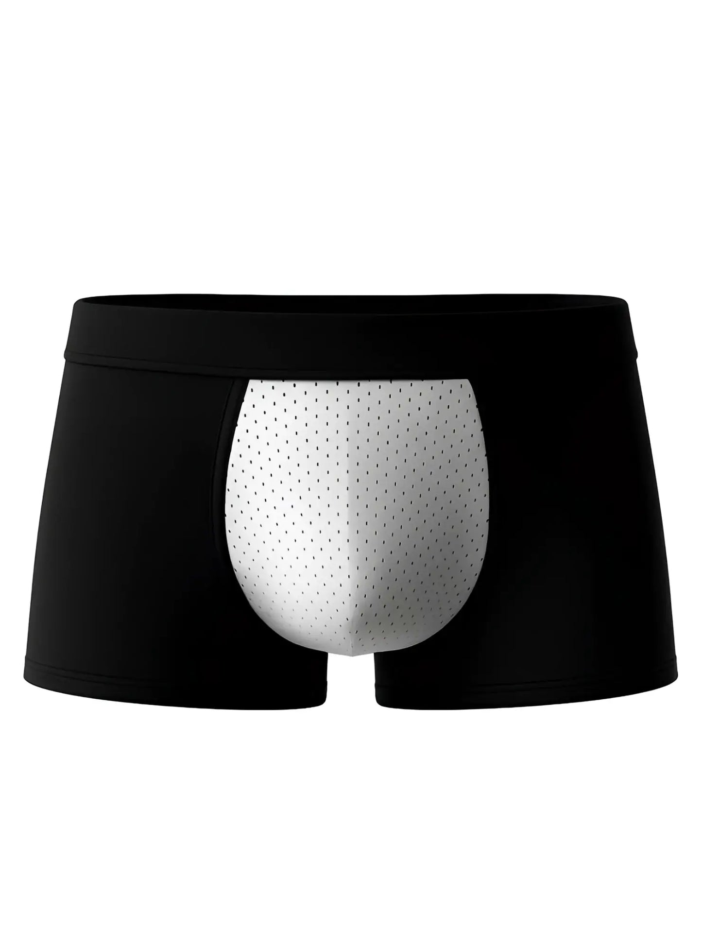 Black men’s cotton stretch trunk boxer briefs with white perforated mesh panel on the front for breathability