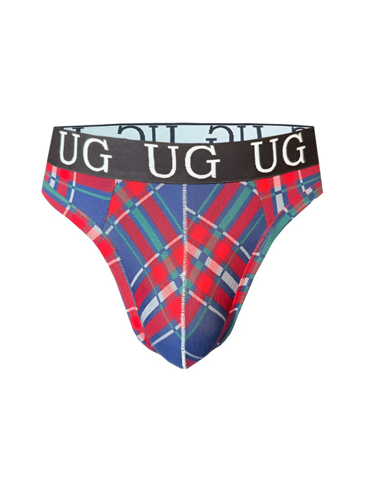 Country style plaids comfort thong with red blue and green plaid pattern and black waistband with white ug lettering
