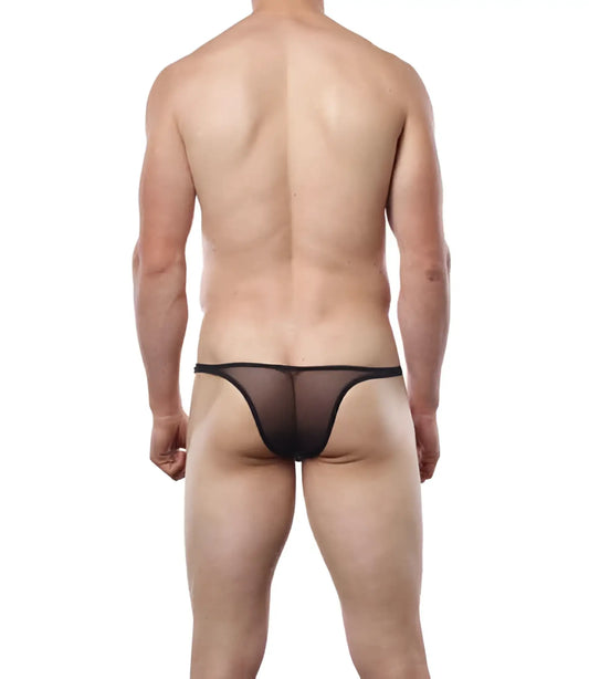 Black sheer mesh thong underwear by cover male in brazilian bikini style size m showing front view