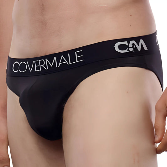 Black covermale cm115 bikini briefs with smooth form-fitting design and white logo waistband detailing