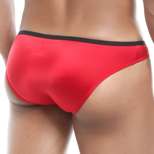 Red satin briefs cover male cmi032 beno micro bikini with black elastic waistband for men