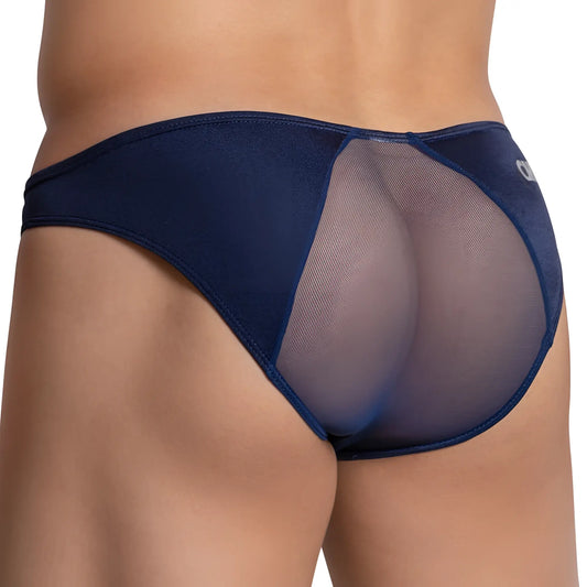 Cover male cmi052 back mesh bikini briefs in navy blue with solid fabric sides and a white logo on the hip