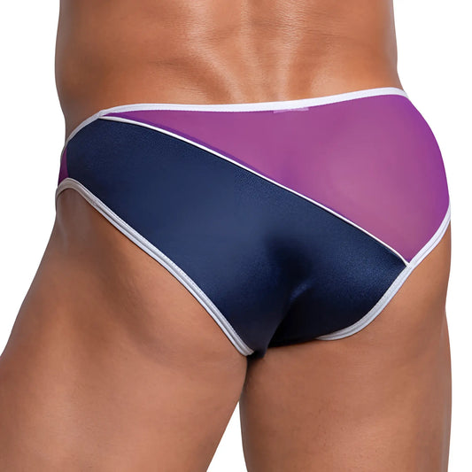 Purple and navy blue cover male cmi056 half mesh bikini briefs with white trim and breathable fabric