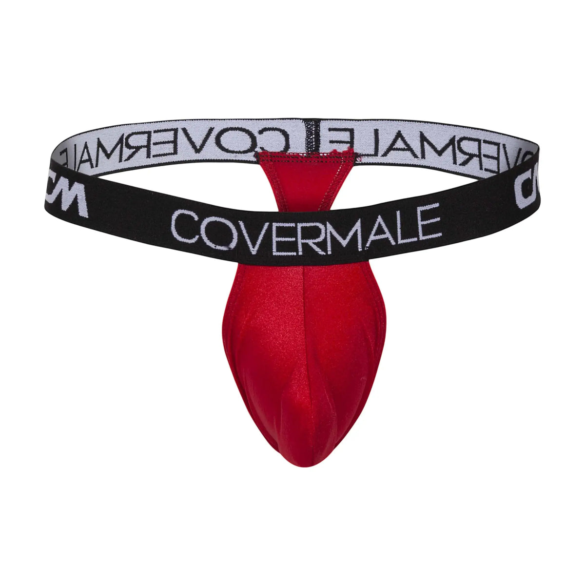 Cover male cmk018 thong red satin tie-front thong with black and white branded waistband front view