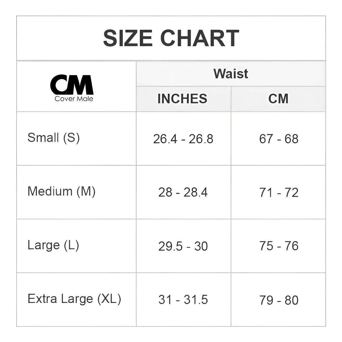 Cover male cmk058 left side thong size chart showing waist measurements in inches and centimeters for small to xl sizes