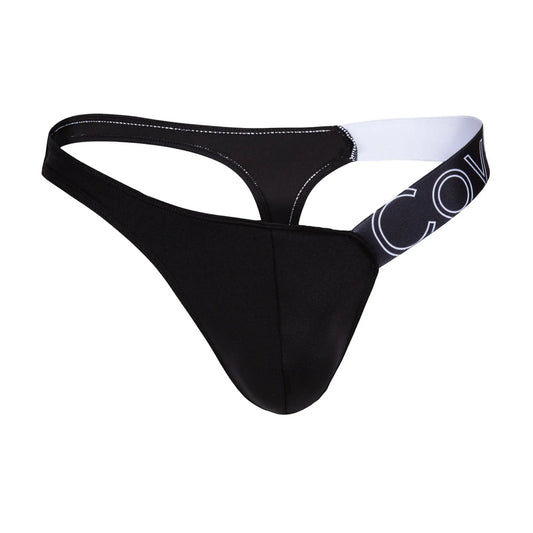 Black thong cover male cmk083 with white elastic waistband featuring cov in black lettering front view