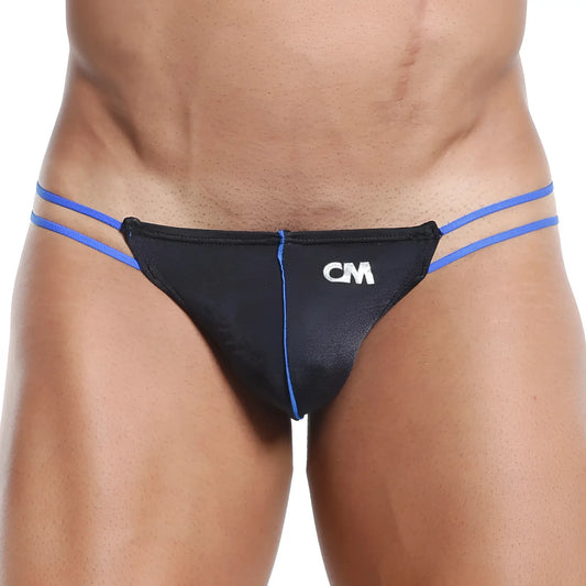 Cover male CML005 black thong with blue trim and matching side straps showing the front view