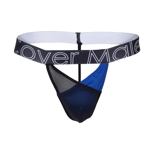 Blue and black mesh thong g-string with cover male branded waistband showing front side for men intimacy wear