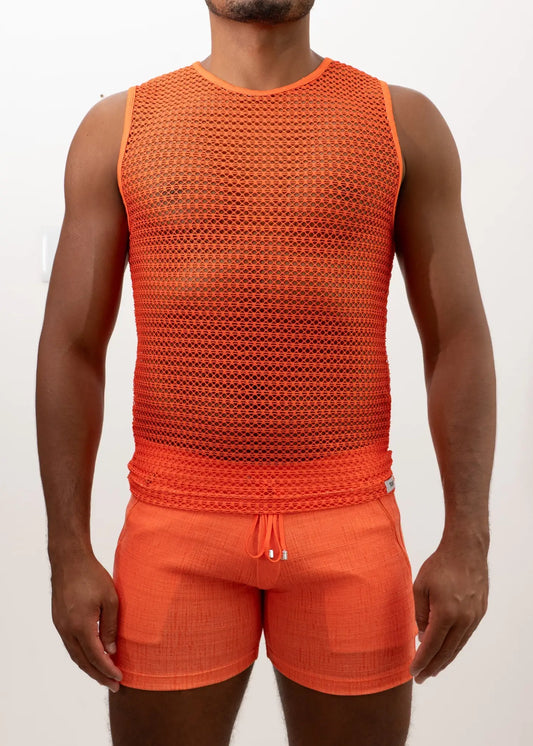 Bright orange crochet muscle tank top with a fitted sleeveless design and matching drawstring shorts