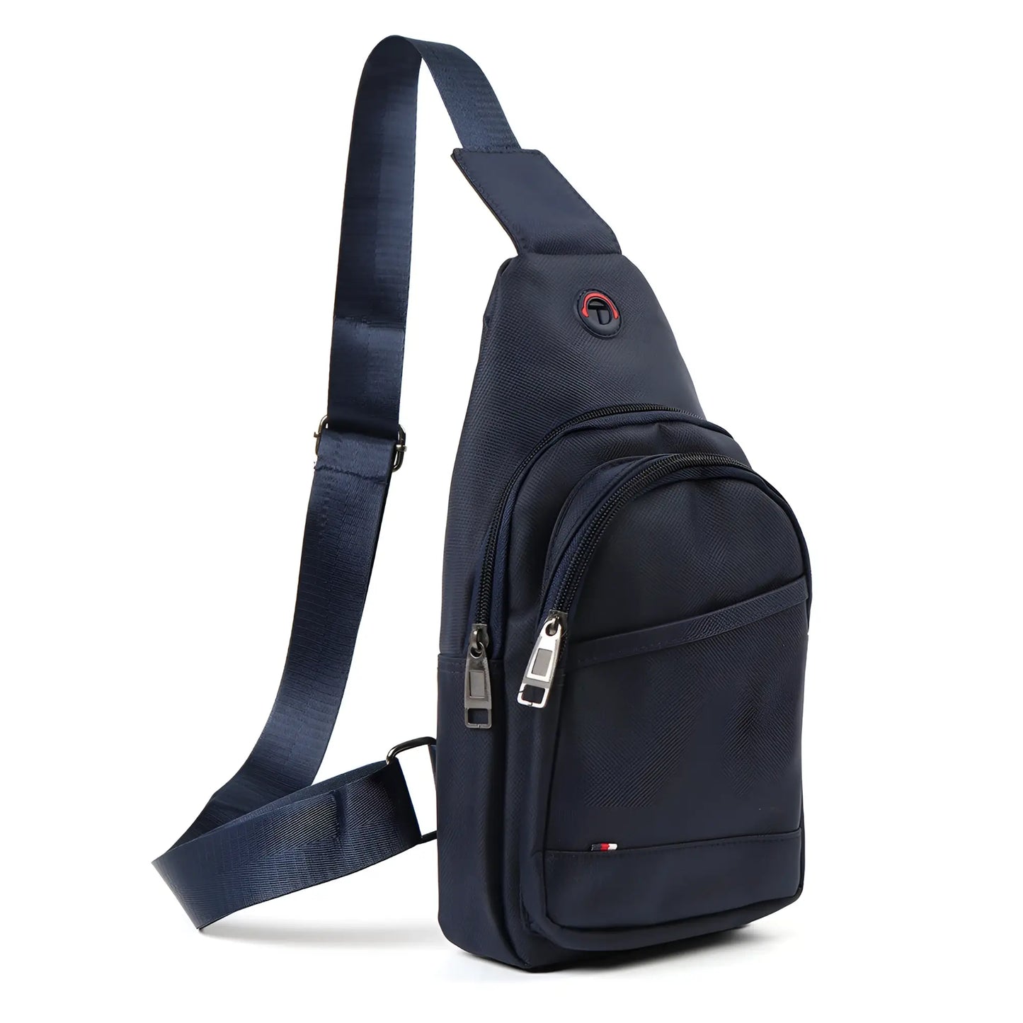 Navy blue nylon crossbody sling bag with silver zippers and red logo on the front for everyday use