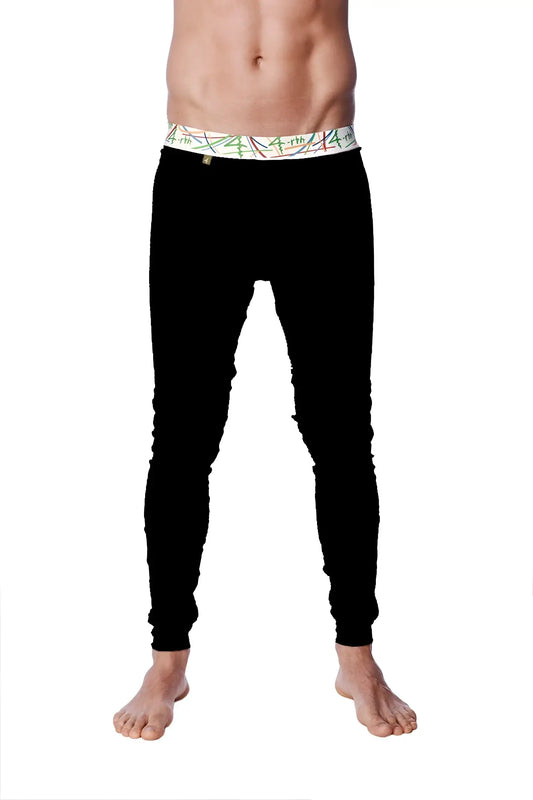 Black fitted crosstrain thermal yoga pant with a colorful abstract patterned waistband for cold weather workouts