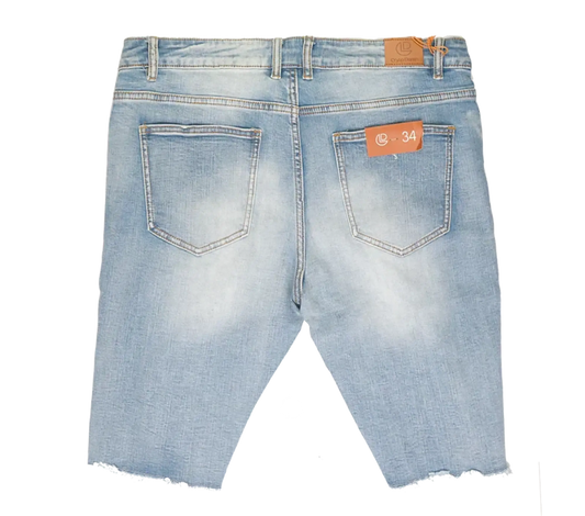 Crysp denim cut off short light-wash denim shorts with frayed hem and orange brand tags front view