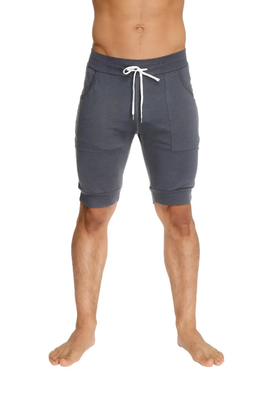 Cuffed yoga short charcoal in dark gray textured fabric with white drawstring and side pockets for comfortable wear
