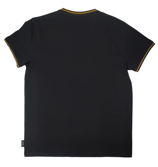 Black cultura t-shirt with gold trim on the neckline and sleeve hems in short-sleeved cotton fabric