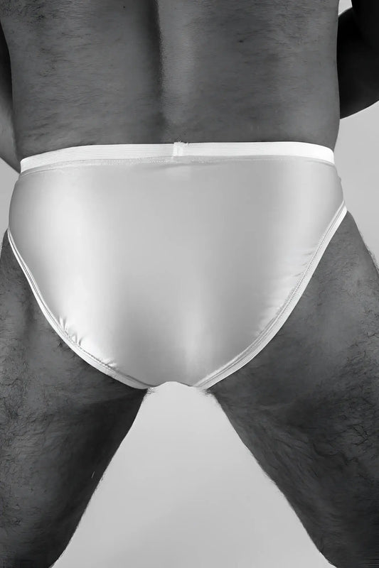 White satin peek a crotch french bikini underwear in nude size s with smooth glossy finish and neatly stitched edges