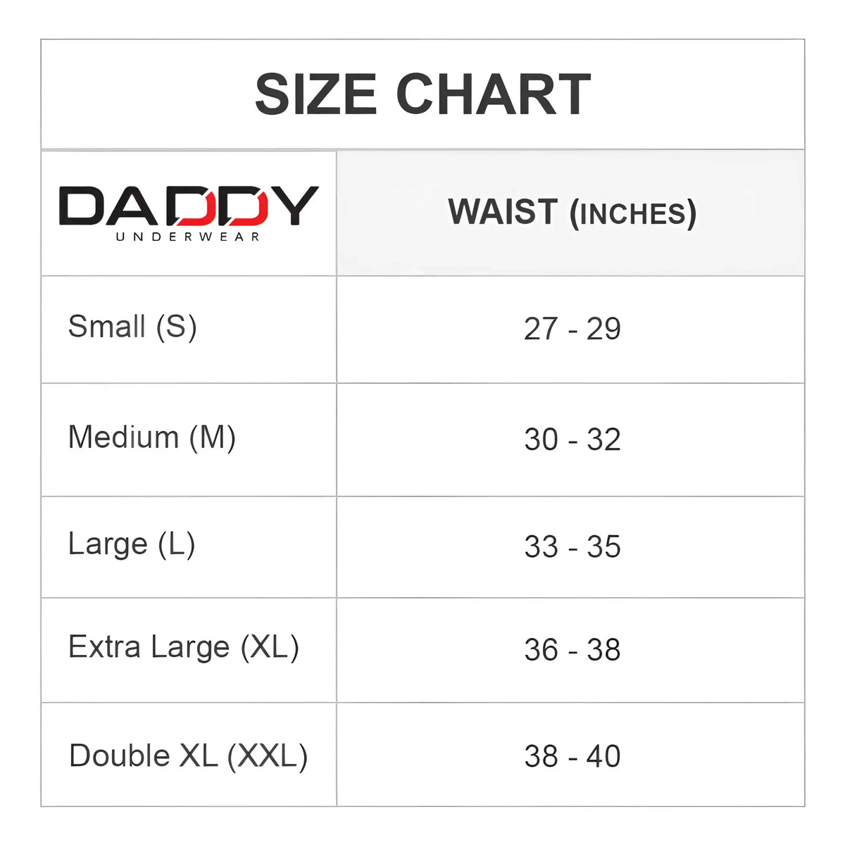 Daddy dde029 jockstrap underwear size chart showing waist measurements for small to double xl sizes