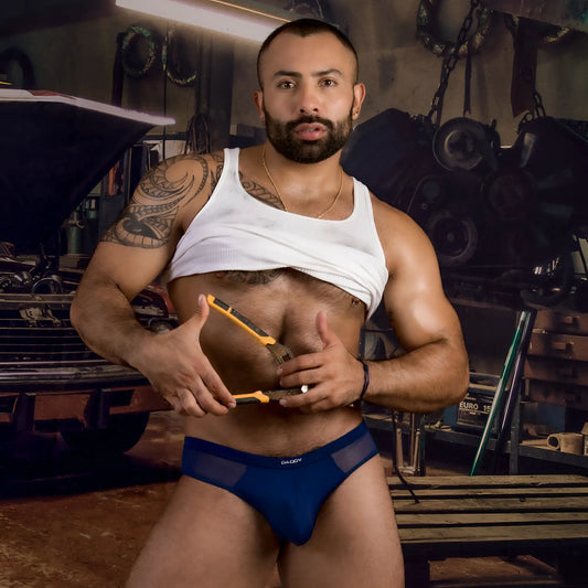 Navy blue mesh Daddy dde060 jockstrap briefs with Daddy branding on the waistband showing front side details